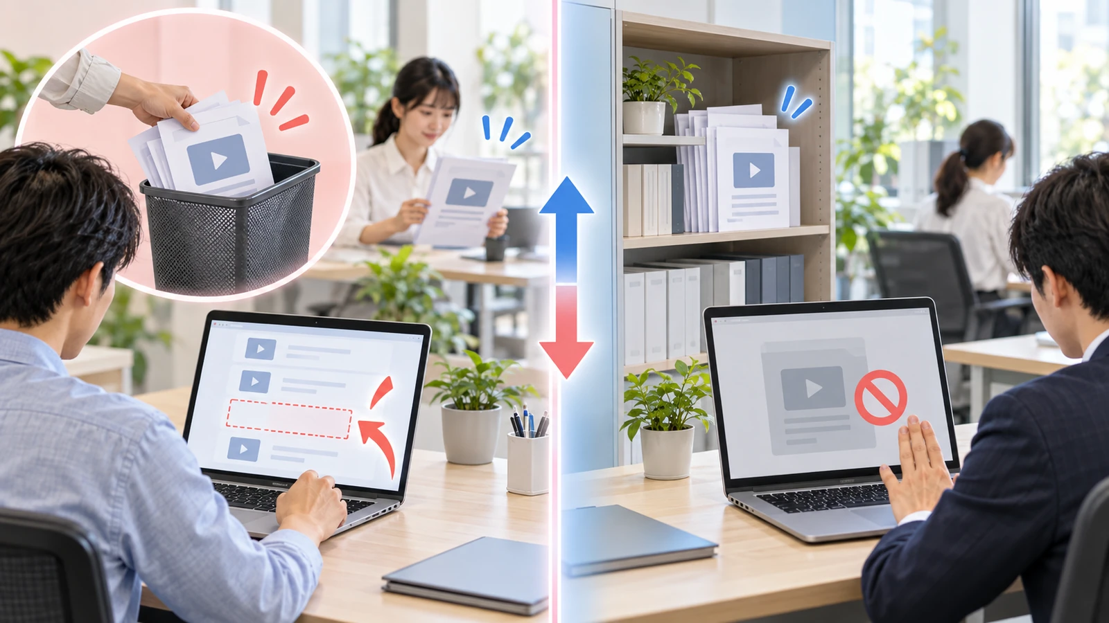 中央の仕切りで左右に分かれた図。左は削除の側で、手が動画の書類をくずかごに落としていて、手前の人のノートPCでは一覧の1行が赤い点線の空枠になっている。その奥では別の人が同じ動画の書類を手に持って読み続けている。右は共有解除の側で、同じ動画の書類は棚に並んだまま残っているが、手前の人のノートPCでは中身が灰色になり赤い禁止の印が重なっていて、その人は画面に手をかざしている。仕切りの上には青い上向きの矢印と赤い下向きの矢印が1本ずつ、互いに逆を向いて並んでいる