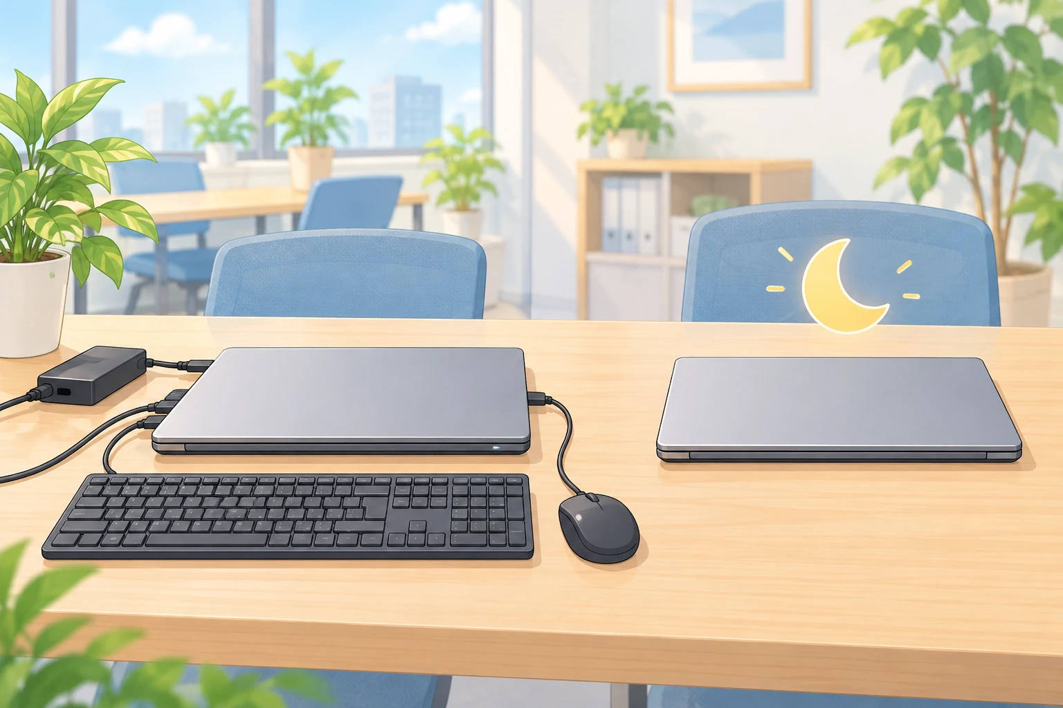 同じ机の上に閉じたノートパソコンが2台。左は電源アダプタと外付けキーボードとマウスがつながっていて動いたまま。右は何もつながっておらず、上に三日月の印が浮かんでいる
