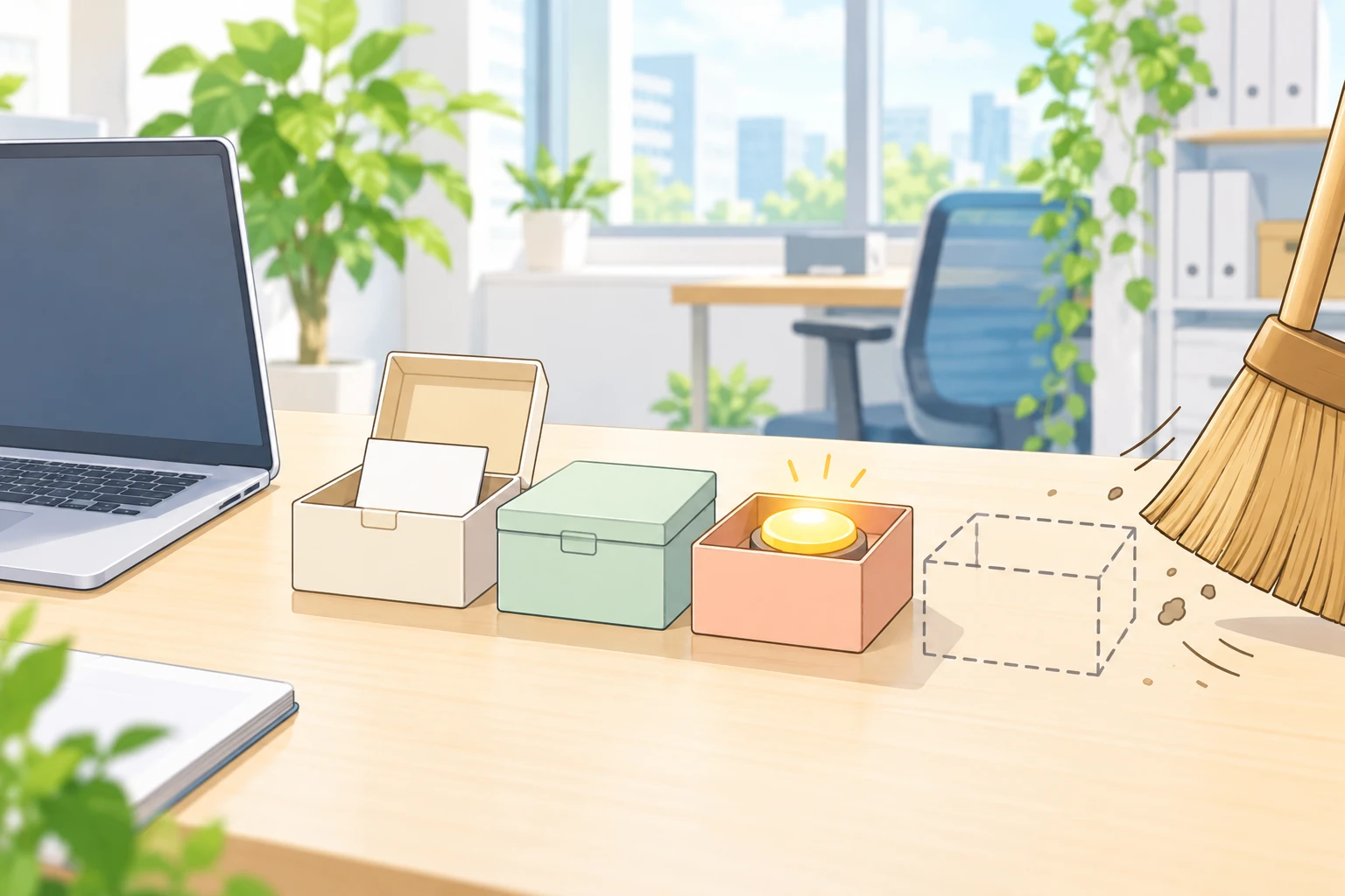 机の上に、閉じかけたノートパソコンと3つの小箱が並んでいる。1つ目は蓋の開いた箱で白いカードが入り、2つ目は蓋の閉じた緑の箱、3つ目は中で丸いボタンが黄色く光っている箱。その右には箱の形の破線だけが残っていて、画面の右端からほうきが掃き込んでいる
