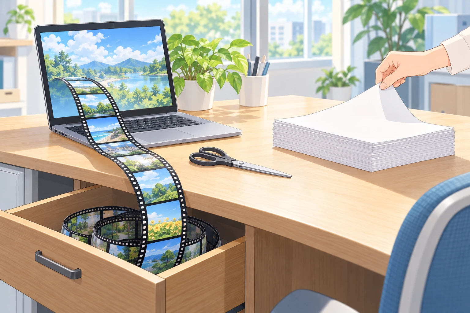 ノートPCの画面から1本のフィルムの帯が途切れずに伸び、机の下の開いた引き出しの中へ巻かれて収まっている。机の上にはさみが閉じたまま使われずに置かれ、右側では紙の束から1枚だけが手でめくり上げられている