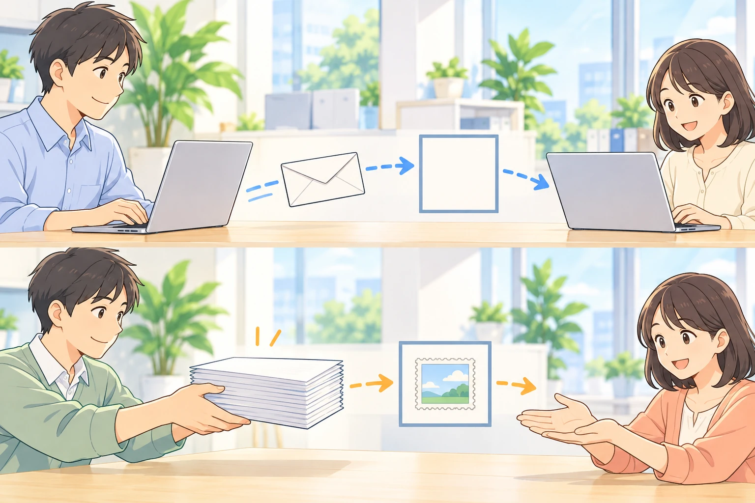 上の経路はパソコンから封筒を通って相手の画面へ届き、途中にある印紙の枠は空のまま。下の経路は途中で紙の束に変わり、相手の手に渡る直前の枠に印紙が貼られている