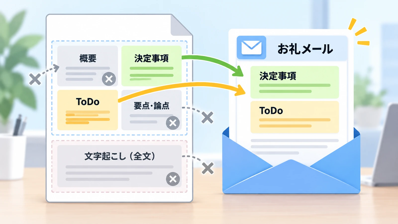 議事録は4項目+文字起こし全文。メール本文に貼るのは決定事項とToDoの2つ
