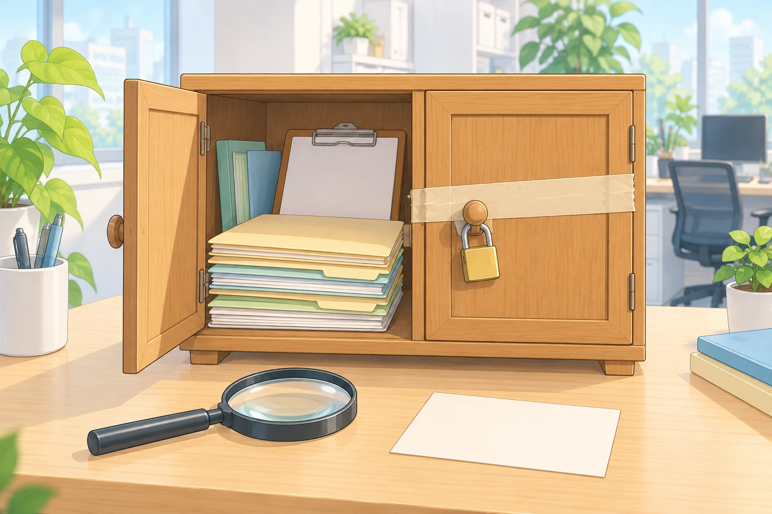 机の上に置かれた木製の両開きの小さな戸棚の図。左の扉は開いていて、中に色分けされたファイルの束と、白紙をはさんだクリップボードが見えている。右の扉は閉じたままで、横一文字に養生テープが貼られ、取っ手に金色の南京錠が掛かっている。机の手前には虫めがねと、何も書かれていない白いカードが1枚