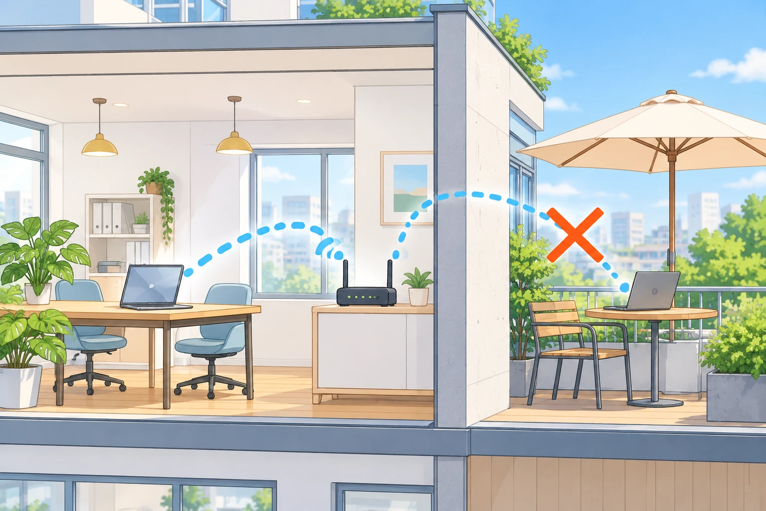 建物を横から切り開いた図。室内ではノートパソコンとWi-Fiルーターが電波の弧でつながり、壁の外のテラスではパラソルの下のテーブルに置かれたノートパソコンへ向かう弧に大きなバツ印が付いている様子