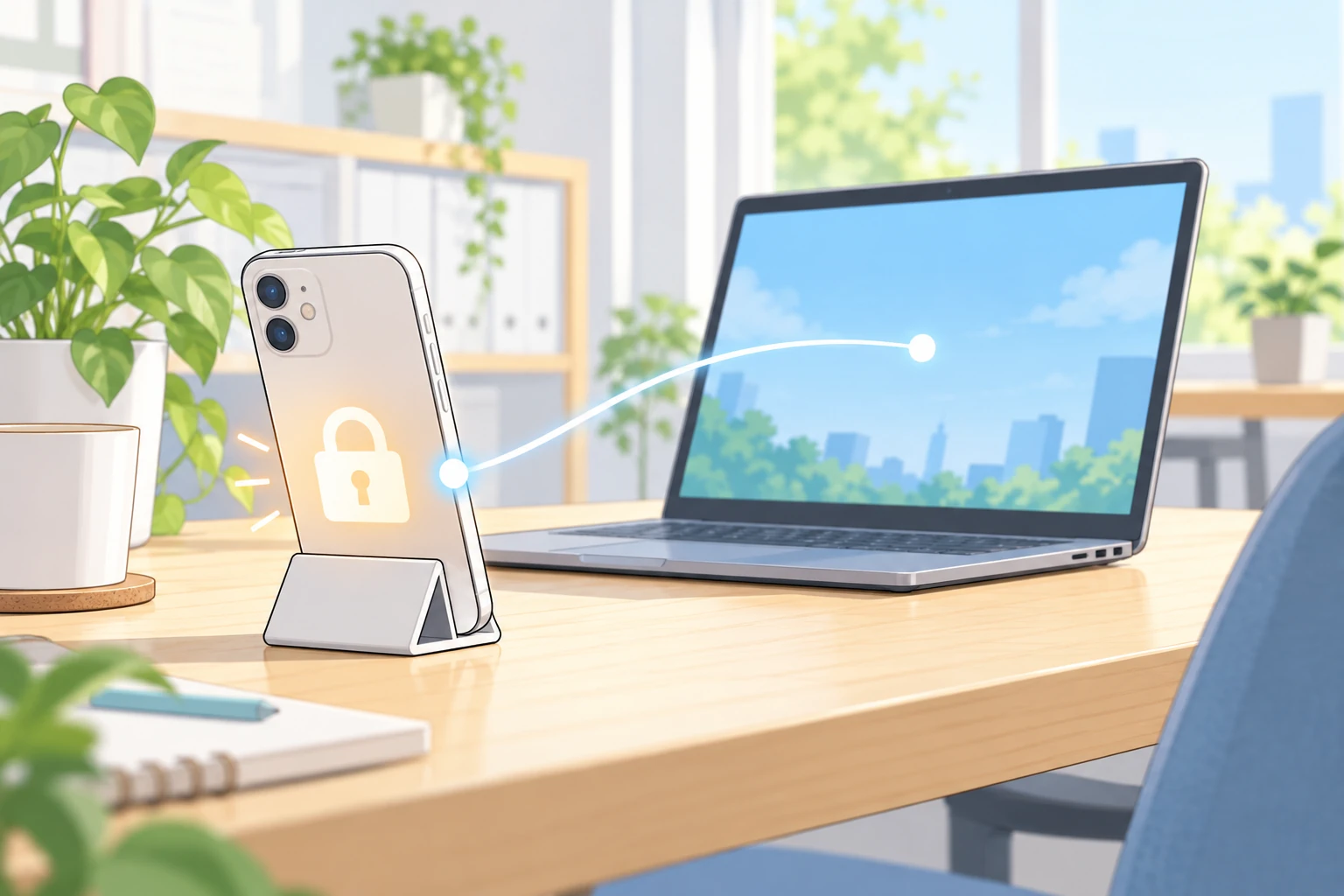 机の上に、背面カメラを手前に向けてスタンドに立てたスマートフォンと、開いたノートパソコン。スマートフォンには錠前の印が光っていて、そこから伸びた白い線がノートパソコンの画面につながっている