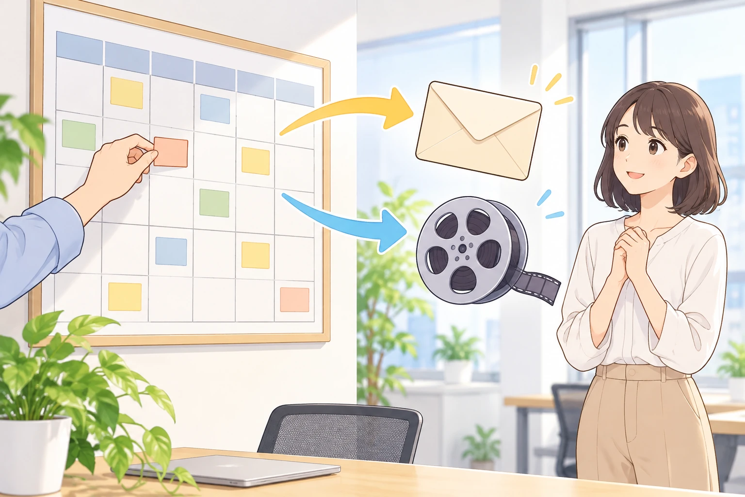 左から伸びた手が壁のカレンダーの1マスにカードを差し込んでいて、そのカレンダーから出た2本の矢印は、右側に立つ別の人の前にある封筒とフィルムのリールに向かっている