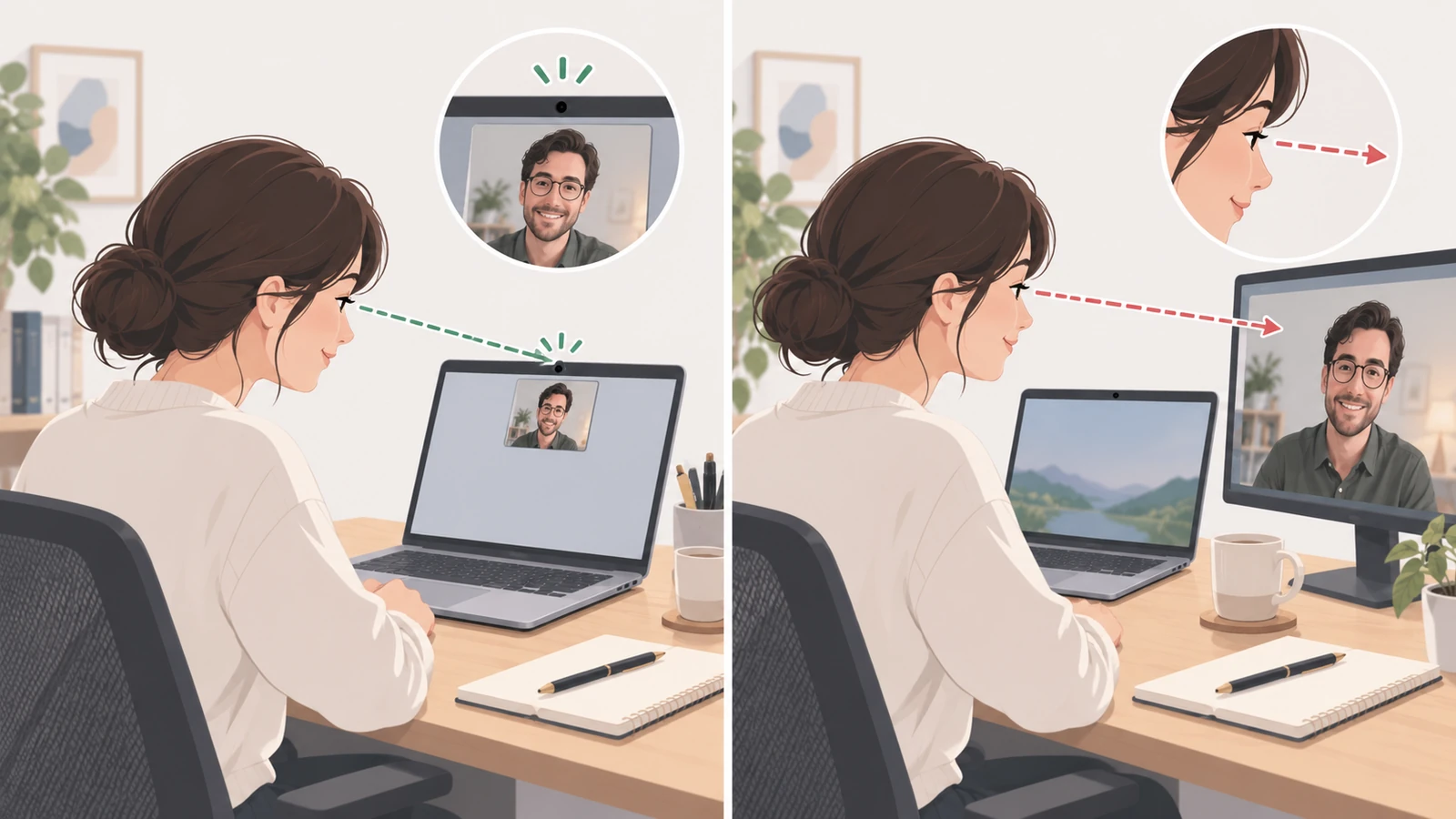 カメラのすぐ下を見る視線は目が合って見え、横にずれた視線は逸れて見える