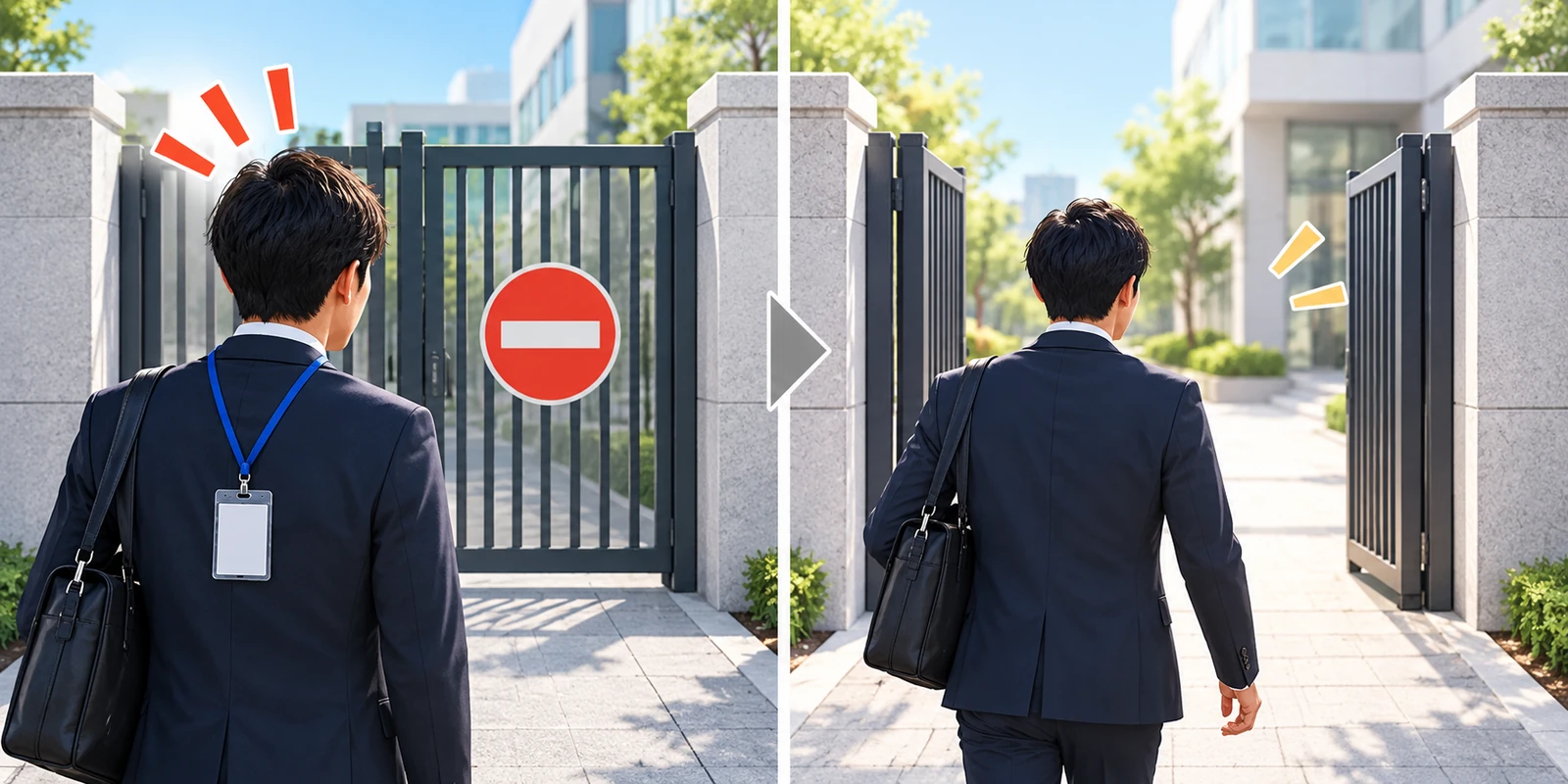 同じ人が同じ門の前に2回立っている図。会社のIDカードを首から下げているときは門が閉じて進入禁止の標識が出ているが、カードを外して身ひとつで立つと同じ門が開いていて、止めているのが人ではなく、そのとき身につけている所属であることを表したイラスト
