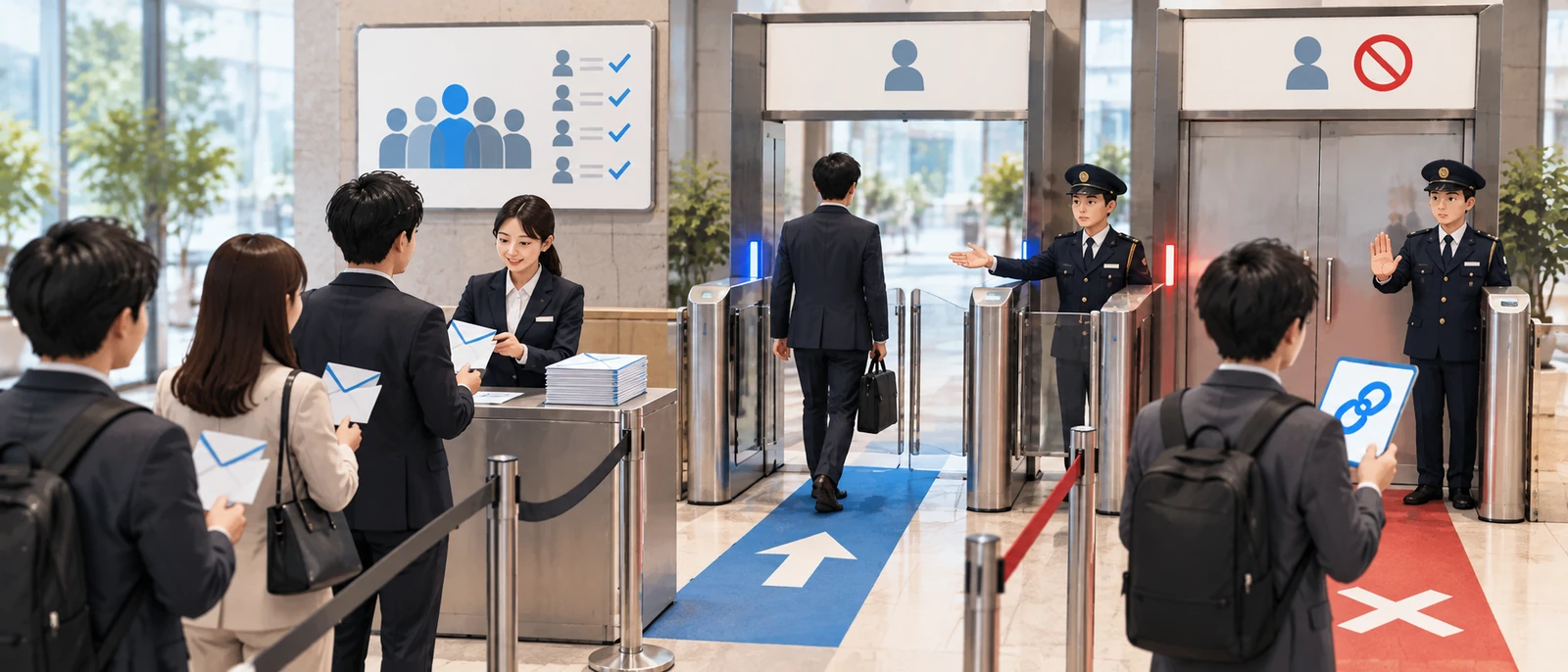 受付で名簿と照らし合わせて封筒を受け取った人たちが、その先のゲートを止められずに通り抜けていく。一方で、鎖のリンクの印が付いた札を持った人は、隣の閉まった扉の前で警備員に手で制されている