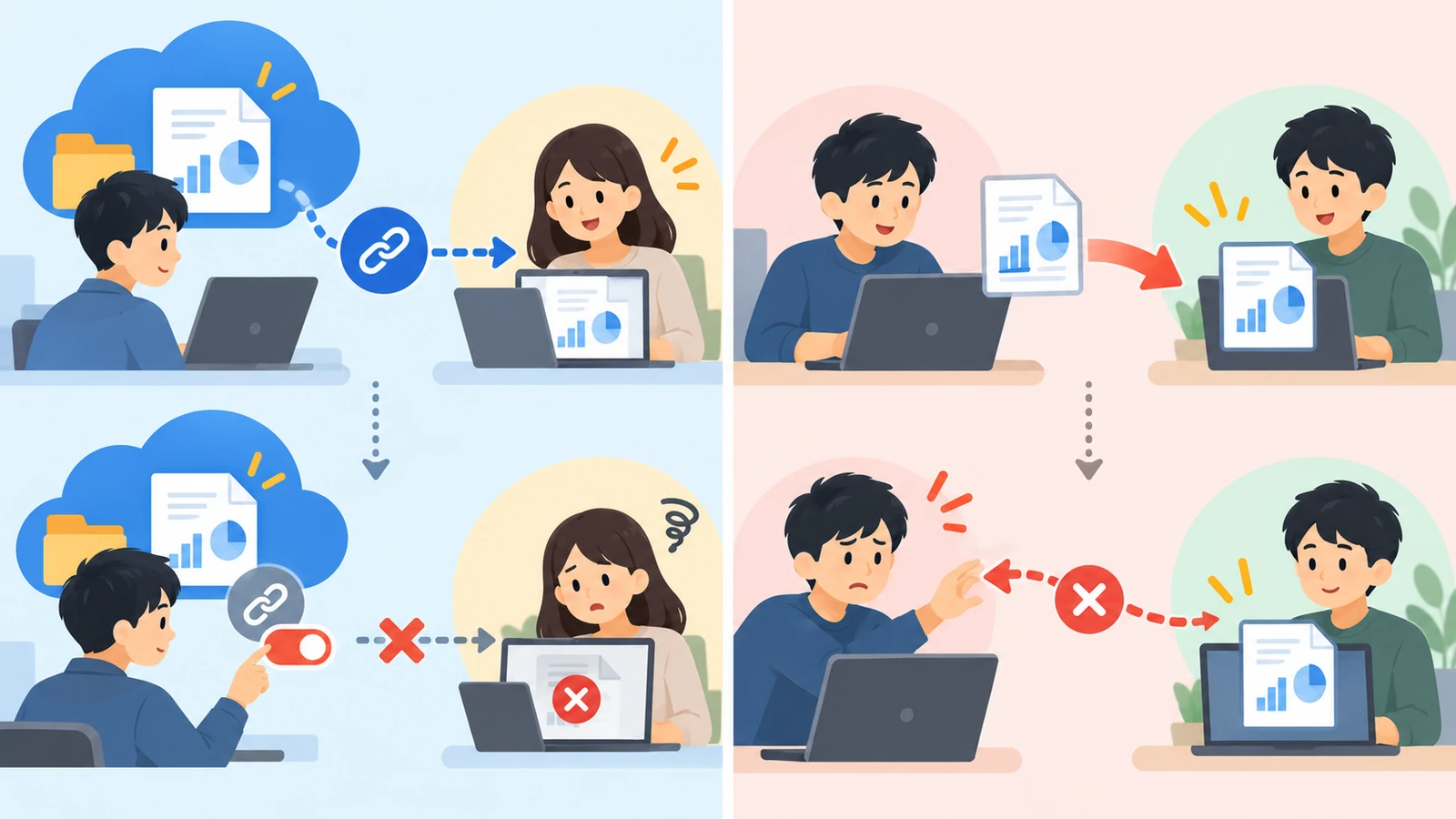 左はリンクで渡した資料。上段でファイルの実体は送り手のクラウド側に残ったまま相手が開けていて、下段で許可を外すと相手の画面が開けなくなっている。右はファイルそのものを送った資料。上段で実体が相手の端末へ移り、下段では送り手が取り戻そうとしても戻せないことを示した図