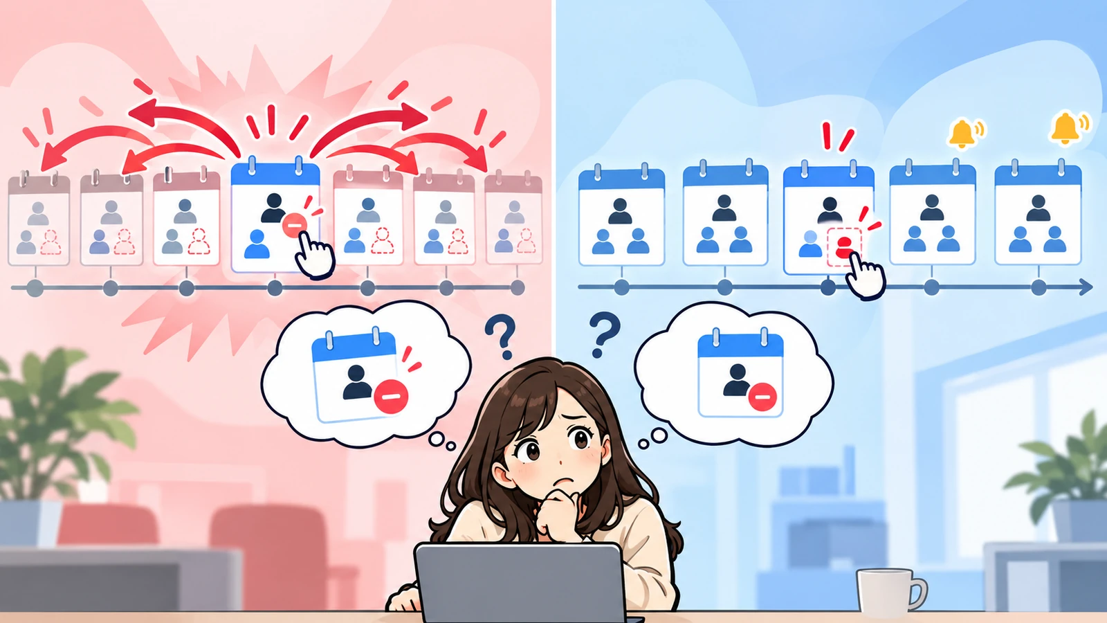 左右に分かれた図。左は赤い面で、真ん中の1回を直した操作から赤い矢印が左右どちらにも広がり、終わった回にも先の回にも届いている。右は青い面で、1人を外す操作がその回のカードの中だけで止まり、ほかの回のカードには人が3人のまま残って、右端の回には通知のベルが出ている。手前の人が、同じ1回分の操作なのに届く範囲が違うことに困っている